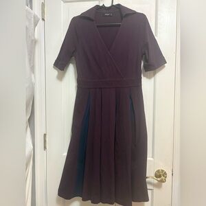 eShakti Purple Navy Colorblock Pleated Cotton Dress Sz L-12 pockets